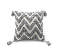 PLWORLD Boho Gray Throw Pillow Cover 18x18 Inch with Tassels, Grey Striped Tufted Decorative Cream Chenille Fabric Accent Textured Cushion Case for Bed Couch, 1 PC Cover Only No Insert