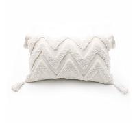 PLWORLD Boho White Lumbar Throw Pillow Cover 12x20 Inch with Tassels, Striped Tufted Cream Chenille Fabric Small Accent Textured Cushion Case for Bed Couch, 1 PC Cover Only No Insert