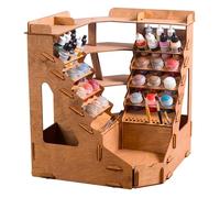 Plydolex Wooden Corner Paint Organizer - 32 Bottle & 46 Brush Capacity - 6 Miniature Stands & Scene for Photo-Shooting - Brown