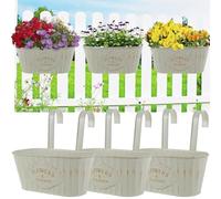 PlyEosy 6Pack Meta Hanging Flower Pots Rustic Railing Planter with Detachable Hooks & Drainage Hole Iron Oval Railing Planter Bucket for Fence Balcony Patio Garden Home Decoration