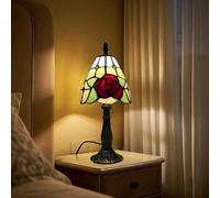 Plynvexa Stained Glass Lamp Vintage Red Rose Handmade 6" Small Tiffany Table Lamp for Bedroom Living Room Wedding Decor Desk Lamp Retro Art Deco Accent Light Fixture
