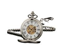 plyrmonth Silver Front and Rear Double Cover Mechanical Hollow Pocket Watch with Roman Numeral dial and Automatic Pocket Watch with Chain, Suitable for Men and Women, Birthdays and Holiday Gifts