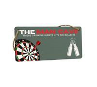 Plywood Hanging Sign - Idea for Man Cave, Dad, Boyfriend, or Grandad. Novelty Idea for Him. Reads 'The Man Cave where Drinking Always Hits the Bullseye' - Idea for Home (smlsgn-ha23-bullseye)