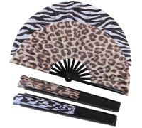Plzoslly 2 Pack Large Folding Hand Fan for Men/Women, Large Rave Fan Summer Clack Handheld Fan for Disco Party, Beach, Dancing, Gift(Leopard and zebra prints)