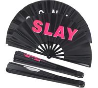 Plzoslly 2 Pack Large Folding Hand Fan Men/Women Rave Fan, Chinese Kung Fu Tai Chi Hand Fan Black Vintage Foldable Hand Fans for Dancing, Festival, Gift, Home Decorations(Iconic & SLAY)