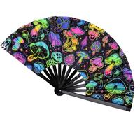 Plzoslly Large Rave Hand Fan UV Glow, Bamboo Clack Popping Folding Fan, Large Hand Fan for Line Dancing, Halloween, Music Festival, Club, Dance, Party, Drag Queen(Mushrooms)
