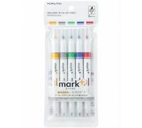 KOKUYO 2-Way Vivid Highlighter 5 Colors Set. Mark+ Dual Tips Markers, Quick Dry Chisel Fine Tip 5 Pack of Gold, Gray, Light Green, Navy, Red. Japan Import (PM-MT200-5S2)