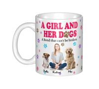 Pmcbneu Personalized A Bond That Can't Be Broken Tea Coffee Cup Custom A Girl and Her Dog Portrait Name Mug All Over Print with Dog Paw Mug Memorial Pet Lovers Cup for Women Birthday Anniversary