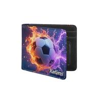 Pmcbneu Personalized Fire Soccer Leather Wallet Custom Name Soccer Player Wallet 2D Print Sport Travel Billfold Wallets Sport Lover Gift for Women Men Son Daughter Fathers Day Christmas Birthday