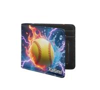 Pmcbneu Personalized Fire Softball Leather Wallet Custom Name Softball Player Wallet 2D Print Sport Travel Billfold Wallets Sport Lover Gift for Women Men Son Daughter Fathers Day Christmas Birthday