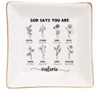 Pmcbneu Personalized God Says You Are Christian Jewelry Dish Tray Custom Name Ceramic Bible Verses Ring Tray with Flowers Faith Jewelry Dish Religious Spiritual Gifts for Women Mom Birthday Christmas