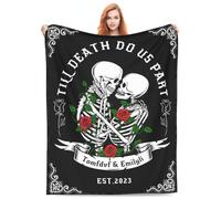 Pmcbneu Personalized Halloween Gothic Skeleton Blanket Custom Couple Skull Throw Blanket with Name Till Death Do Us Part Spooky Skeleton Blankets Gifts for Wedding Valentines Day Birthday,03