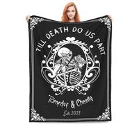 Pmcbneu Personalized Halloween Gothic Skeleton Blanket Custom Couple Skull Throw Blanket with Name Till Death Do Us Part Spooky Skeleton Blankets Gifts for Wedding Valentines Day Birthday,02