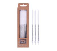 PME Silver Glitter Candles with White Holders, 18 cm, Set of 16