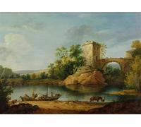 PMEFGJDPE Famous Painting Print Artwork Premium Artwork a Wooded Italianate River Landscape with Peasants in a Barge and a Bridge Beyond by William Marlow Modern Canvas for Home Decor 60x90cm