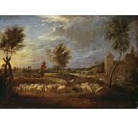 PMEFGJDPE Famous Pictures Paintings Canvas Prints Sunset Landscape with a Shepherd and His Flock by David Teniers the Younger Wall Art Graffiti for Home Decor 60x90cm