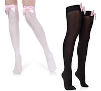 PMELCXD 2Pair Knee High Socks,Opaque Hold-Ups,Graceful White and Black Stockings with Pink Bow - Silky Smooth Thigh High Socks for Stylish Layering, Cosplay, and Daily Wear
