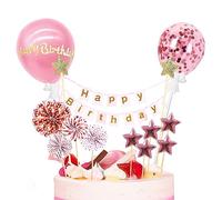PMELCXD Happy Birthday Cake Topper Bunting Flags Banner with Pink Balloons,12 PCS Cake Topper Decorations Set, Stars, Lollipop Birthday Party Cupcake Topper Ornaments, For Birthday Party