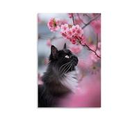 PMLBAOUS Rustic Cat Wall Art Canvas Poster Prints,Nature Cherry Blossom Animal Print Poster on Canvas Aesthetic Wall Decor for Home Room Offices Artwork 12x18inch(30x45cm)