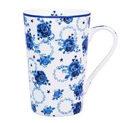 PMNING Bone China Tall Coffee Mug Floral Coffee Mug Tea Cup - 14 oz Flower Tea Cup Tall Coffee Cup Gifts for Women Mom Friend (Blue and White)