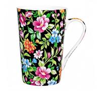 PMNING Bone China Tall Coffee Mug Floral Coffee Mug Tea Cup - 14 oz Flower Tea Cup Tall Coffee Cup Gifts for Women Mom Friend (Black)