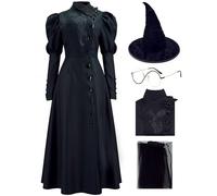 Pmnoyal Elphaba Costume Women Adult West Bad Witch Cosplay Hat Glasses Wizard Cosplay Movie Halloween Black Deluxe Dress, Set 02, 3XL