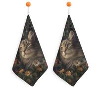pmoyh Brown Cat Flower Kitchen Hand Towel 2Pcs Hand Towel Microfiber Hanging Face Towel for Bathroom 30x30cm