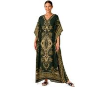 PMOYO Women Kaftan Tunic Long Caftan, Bohemian Design Maxi Dress Kimono Style, V-Neck Drawstring Waist Party Dress, Loungewear, Holidays Nightwear, Beach Cover Up Free Size (Emerald Green)