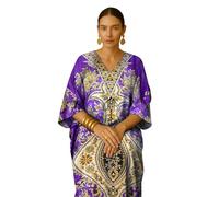 PMOYO Women Kaftan Tunic Long Caftan, Bohemian Design Maxi Dress Kimono Style, V-Neck Drawstring Waist Party Dress, Loungewear, Holidays Nightwear, Beach Cover Up Free Size (Purple)