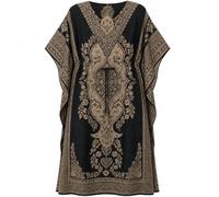 PMOYO Women Kaftan Tunic Long Caftan, Bohemian Design Maxi Dress Kimono Style, V-Neck Drawstring Waist Party Dress, Loungewear, Holidays Nightwear, Beach Cover Up Free Size (Beige/Black)