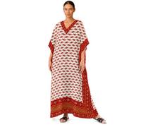 PMOYO Women Kaftan Tunic Long Caftan, Bohemian Design Maxi Dress Kimono Style, V-Neck Drawstring Waist Party Dress, Loungewear, Holidays Nightwear, Beach Cover Up Free Size (White/Red)