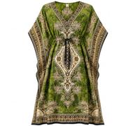 PMOYO Women Kaftan Tunic Long Caftan, Bohemian Design Maxi Dress Kimono Style, V-Neck Drawstring Waist Party Dress, Loungewear, Holidays Nightwear, Beach Cover Up Free Size (Olive Green)