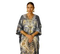 PMOYO Women Kaftan Tunic Long Caftan, Bohemian Design Maxi Dress Kimono Style, V-Neck Drawstring Waist Party Dress, Loungewear, Holidays Nightwear, Beach Cover Up Free Size (Grey)