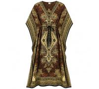 PMOYO Women Kaftan Tunic Long Caftan, Bohemian Design Maxi Dress Kimono Style, V-Neck Drawstring Waist Party Dress, Loungewear, Holidays Nightwear, Beach Cover Up Free Size (Brown)