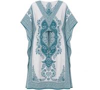 PMOYO Women Kaftan Tunic Long Caftan, Bohemian Design Maxi Dress Kimono Style, V-Neck Drawstring Waist Party Dress, Loungewear, Holidays Nightwear, Beach Cover Up Free Size (Teal/Cream)