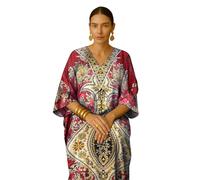 PMOYO Women Kaftan Tunic Long Caftan, Bohemian Design Maxi Dress Kimono Style, V-Neck Drawstring Waist Party Dress, Loungewear, Holidays Nightwear, Beach Cover Up Free Size (Red)