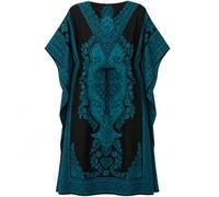 PMOYO Women Kaftan Tunic Long Caftan, Bohemian Design Maxi Dress Kimono Style, V-Neck Drawstring Waist Party Dress, Loungewear, Holidays Nightwear, Beach Cover Up Free Size (Teal/Black)