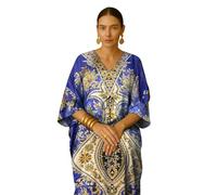 PMOYO Women Kaftan Tunic Long Caftan, Bohemian Design Maxi Dress Kimono Style, V-Neck Drawstring Waist Party Dress, Loungewear, Holidays Nightwear, Beach Cover Up Free Size (Blue)