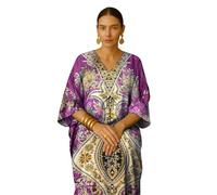 PMOYO Women Kaftan Tunic Long Caftan, Bohemian Design Maxi Dress Kimono Style, V-Neck Drawstring Waist Party Dress, Loungewear, Holidays Nightwear, Beach Cover Up Free Size (Pink)