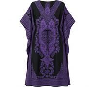 PMOYO Women Kaftan Tunic Long Caftan, Bohemian Design Maxi Dress Kimono Style, V-Neck Drawstring Waist Party Dress, Loungewear, Holidays Nightwear, Beach Cover Up Free Size (Purple/Black)