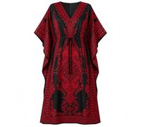 PMOYO Women Kaftan Tunic Long Caftan, Bohemian Design Maxi Dress Kimono Style, V-Neck Drawstring Waist Party Dress, Loungewear, Holidays Nightwear, Beach Cover Up Free Size (Red/Black)