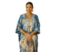 PMOYO Women Turquoise Kaftan Tunic Long Caftan, Bohemian Design Maxi Dress Kimono Style, V-Neck Drawstring Waist Party Dress, Loungewear, Holidays Nightwear, Beach Cover Up Free Size