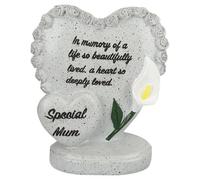 PMS 15cm Special Mum Double Heart Memorial Stone, Grey Polyresin Memorial Ornament with In Memory Message, Indoor Outdoor Remembrance Gravestone Decoration