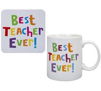 PMS Best Teacher Ever 11oz Mug and Coaster Set - Colourful Gift in Cardboard Gift Box - Perfect for School Leavers, Appreciation, and End-of-Term Presents