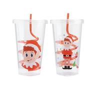 PMS Elves Behaving Badly Christmas Drinking Cup with Straw Assorted Designs Reusable Plastic Xmas Festive Gift