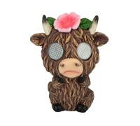 PMS Medium 20cm Highland Cow Garden Ornament with Moving Solar-Powered Light Up Eyes, Flower Detail, Outdoor Garden Decoration for Patio or Lawn Made From Durable Brown Polyresin