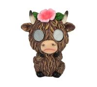PMS Medium 20cm Highland Cow Garden Ornament with Moving Solar-Powered Light Up Eyes, Flower Detail, Outdoor Garden Decoration for Patio or Lawn Made From Durable Brown Polyresin