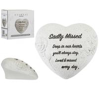 PMS Sadly Missed Memorial Heart Ornament - Grey Rose Graveside Memorial Stone with Diamantes - Sympathy Tribute Keepsake for Cemetery or Garden - 16 x 14 cm