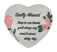 PMS Sadly Missed Memorial Heart Ornament - Polyresin Graveside Memorial Stone with White Roses & Diamantes - Sympathy Tribute Keepsake for Loved Ones - 16 x 14 cm