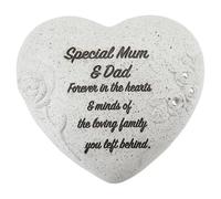 PMS Special Mum and Dad Memorial Heart Ornament - Grey Polyresin Graveside Memorial Stone with Rose Detail & Diamantes - Sympathy Tribute Keepsake for Loved Ones - 16 x 14 cm
